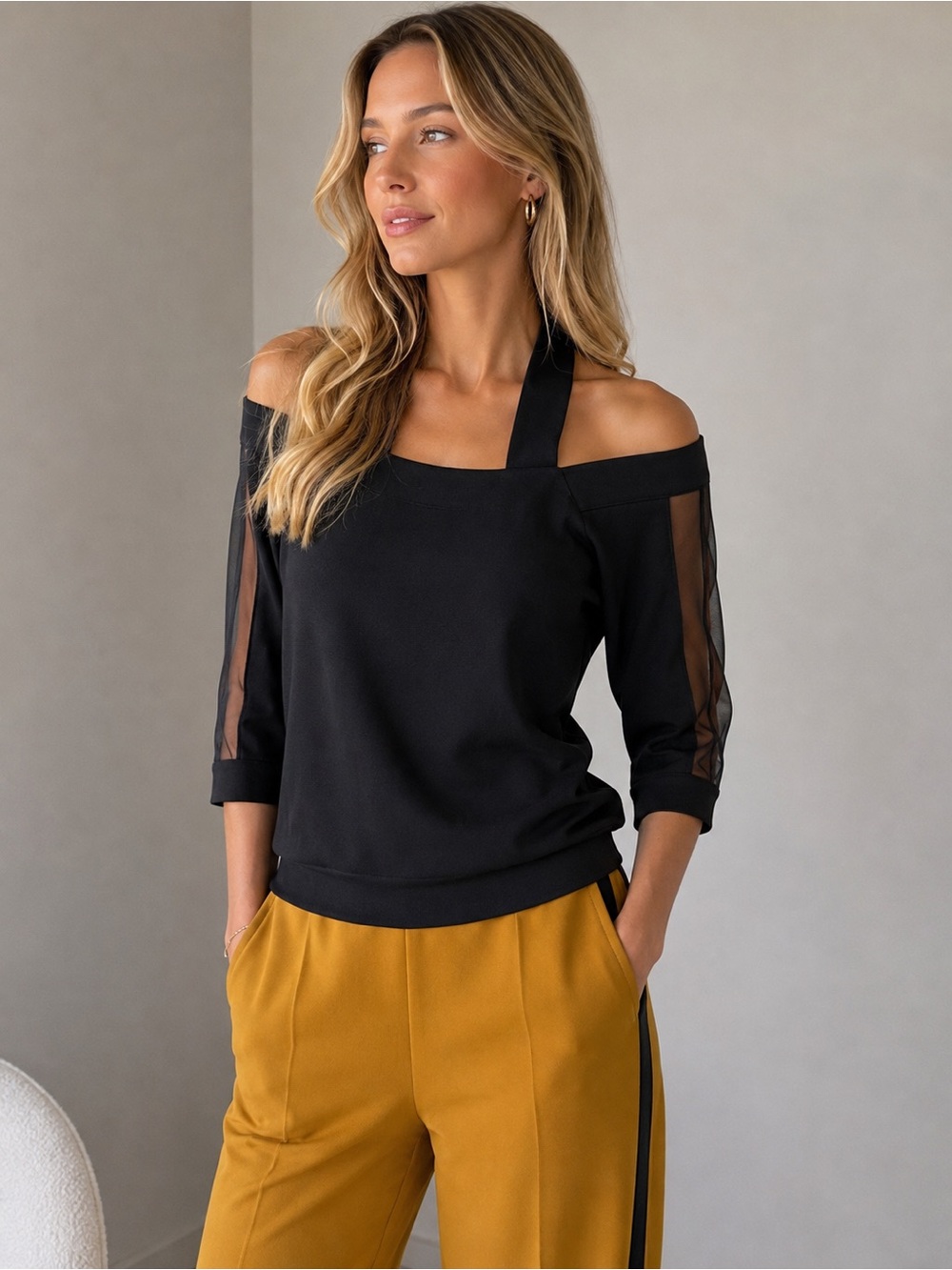 NetWork Black Knit Statement Neck-Strap Detail Top – Size S